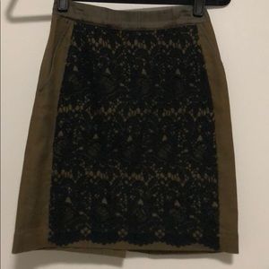 Olive green pencil skirt w black lace detail